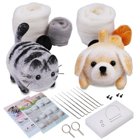 PRICES MAY VARY. Needle felt starter kit: You will get 2 pieces of dog and cat making wool material kit, 2 pieces of instructions, 2 pieces of white foam pad, size 11.5 × 8.5 cm, 10 felting needles, 2 pieces of keychain, 2 pieces of split ring, 2 pairs of eyes, 1 whiskers, a total of 23 pieces in the package, this is a set of exquisite DIY crafts, can be used as a present to good friends High quality wool: Our needle felt kit is made of high quality wool, with fine texture, no odor and impuritie Felting Diy, Felting Needles, Needle Felting Supplies, Roving Wool, Needle Felting Diy, Friends High, Wool Felting, Felting Wool, Parent Child Relationship