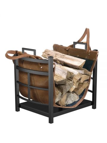 Hauling wood from the shed to the house is now simpler than ever. The removable leather tote attaches to a powder-coated metal stand that remains fireside. Indoor Firewood Rack, Firewood Storage Indoor, Firewood Carrier, Outdoor Firewood Rack, Firewood Racks, Wood Storage Rack, Log Carrier, Range Buche, Log Home Interiors