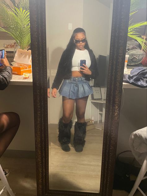 Mini Skirt And Fur Boots Outfit, Fur Boots And Skirt Outfit, Black Fuzzy Leg Warmers Outfit, Cute Mini Skirt Outfits Black Women, Fishnets And Skirt Outfit, Skirts With Fishnets Outfit, Outfits With Fuzzy Boots, Fur Boots Outfit Skirt, Mini Skirt Fishnets Outfit