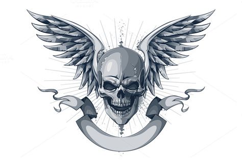 Skull with Wings by Vecster on Creative Market Skull With Wings, Tattoo Logo, Band Tattoos, Winged Skull, Kunst Tattoos, Ribbon Tattoos, Skull Art Drawing, Skull Pictures, Skulls Drawing