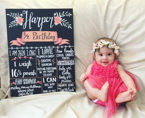 6 month, half birthday baby picture with birthday chalkboard and flower crown. 1st Month Birthday Ideas, 6 Months Birthday Ideas, Baby Girl Half Birthday Ideas, 6months Birthday Ideas, 6th Month Birthday Ideas, 6 Month Birthday Ideas, Half Birthday Ideas For Girls 6 Months, Half Birthday Ideas, 1/2 Birthday