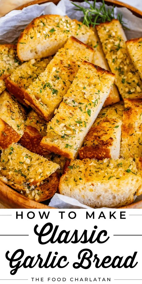 The Best Garlic Bread of Your Life from The Food Charlatan! There is no stopping this Garlic Bread, y'all. It is the BEST recipe. What could be better than delicious crusty-yet-chewy bread, toasted with softened salted butter and garlic in every bite?! I've got 3 basic tips that will level up your homemade garlic bread, and 3 methods for how to make it. Let me show you just how easy it is! Perfect as an appetizer, with any Italian meal, weeknight dinner, or fancy meal. Garlic for the win! Garlic Butter Bread, Garlic Toast Recipe, Best Garlic Butter, Best Garlic Bread Recipe, Garlic Butter For Bread, Italian Bread Recipes, Bread Toppings, Homemade Garlic Butter, Make Garlic Bread