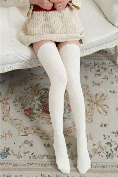 The thigh-high knitted socks with classic cable knit pattern construction look more fashionable and stylish. wear this in three styles thigh-high stocking, slouchy socks, and knee-high stocking. #kneehigh #kneehighsocks Thigh High Socks Aesthetic, Cute Thigh High Socks, White Thigh High Socks, Workout Leggings Outfit, White Thigh Highs, Socks Aesthetic, Thigh Socks, Knit Boot Socks, Cute Stockings