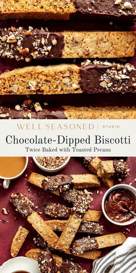 These crunchy (but not too crunchy!) Chocolate-Dipped Biscotti with pecans have been described as, "the perfect biscotti recipe!" They're not-too-dense, not-too-crumbly, and absolutely delicious dunked into a hot cup of coffee. Add these to your holiday cookie exchange and watch them disappear. #wellseasonedstudio #biscotti #biscottirecipe #italianbiscotti Double Chocolate Biscotti Recipe, Chocolate Dipped Biscotti, Pecan Biscotti Recipe, Chocolate Biscotti Recipe, Christmas Biscotti, Biscotti Recipes, Crunchy Chocolate, Holiday Cookie Exchange, Biscotti Recipe