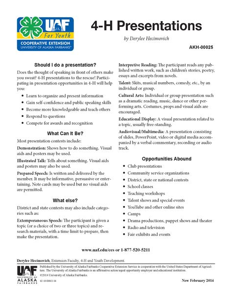 A new publication for 4-H'ers! 4-H Presentations. It explains the different types of presentations, including demonstrations, illustrated talks, prepared speeches, interpretive readings, educational displays and more, and lists various opportunities for giving presentations. There is also detailed information on suggested times, how to choose a topic, visual aids, poster guidelines and tips for improving your public speaking skills. It also includes a sample 4-H Presentation Judging Form. 4 H Presentation Ideas Fun, 4h Horse Presentation Ideas, 4-h Pledge Activities, 4h Presentation Ideas, 4-h Meeting Ideas, 4h Record Book Examples, 4-h Crafts, 4h Demonstration Ideas, 4h Leader