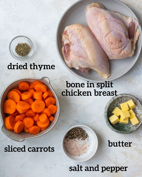 Make a delicious baked chicken breast with the bone in using this simple Cast Iron Baked Bone In Chicken Breast recipe! Crisp the skin in the skillet then transfer the split chicken breast to the oven to finish roasting with some carrots. Chicken Breast With Bone Recipes, Roasted Chicken Breast Recipes Bone In, Split Chicken Breast Recipes Bone In Slow Cooker, Bone In Skin On Chicken Breast Recipes, Baked Bone In Chicken Breast, Baked Chicken Breast Bone In, Baked Split Chicken Breast Recipes, Split Chicken Breast Recipes Bone In, Split Chicken Breast Recipes