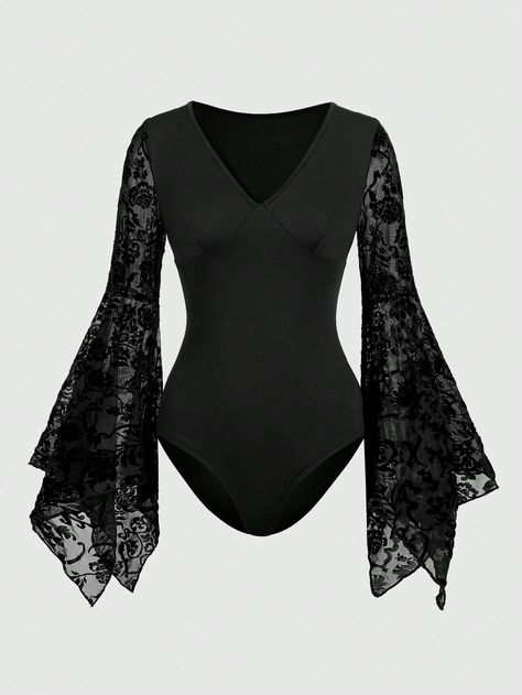 Women's Black V-Neck Flare Sleeve Lace Patchwork Bodysuit Black Elegant  Long Sleeve Knitted Fabric Plain Tee Slight Stretch  Women Clothing, size features are:Bust: ,Length: ,Sleeve Length: Black Lace Bodysuit Long Sleeve, Goth Long Sleeve Shirts, Goth Bodysuit, Romwe Fairycore, Patchwork Bodysuit, Turtleneck Layering, Body Noir, Style Lookbook, Body Suits