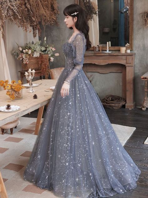 Korean Gown, Lace Long Prom Dress, Grey Evening Dresses, Grey Gown, Long Blue Dress, Sequin Evening Dresses, Prom Dresses Modest, Blue Tulle, Short Prom Dress