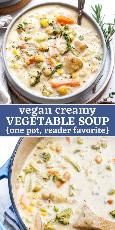 Creamy Vegan Vegetable Soup, Wfpb Vegetable Soup, Vegetarian Creamy Soup, Vegan Creamy Soup Recipes, Healthy Filling Soups, Vegan Cream Soup, Vegan Veggie Soup, Healthy Soup Recipes Vegetarian, Vegan Soup Recipes Healthy