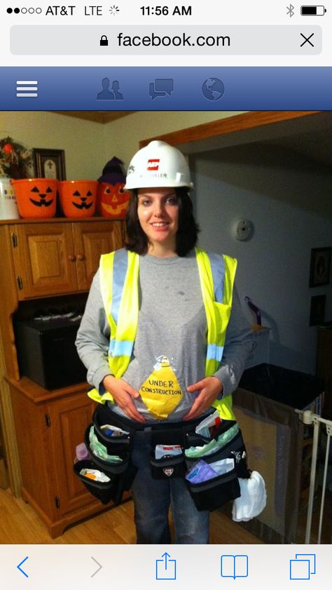 Maternity Halloween costume. Construction worker. Construction Costume Women's, Maternity Costumes, Maternity Halloween Costumes, Maternity Halloween Costume, Construction Worker Costume, Housewife Costume, Piglet Costume, Barbie And Ken Costume, Purim Costume