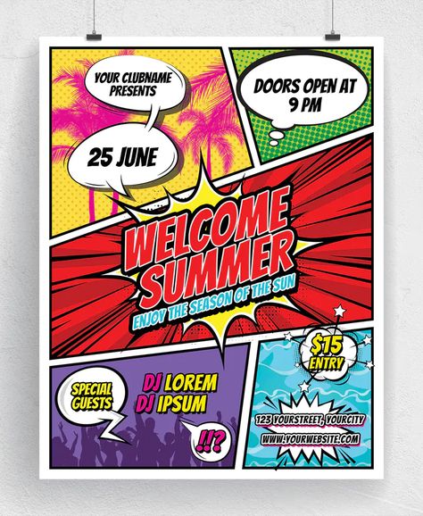 Comic Style Summer Party Flyer PSD Template Comic Book Design Inspiration, Comic Style Pubmat, Comics Poster Design, Comics Design Layout, Comics Design Ideas, Poster Style Design, Comic Graphic Design Style, Comic Style Graphic Design, Comic Design Ideas