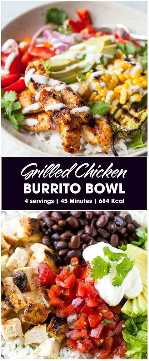 Grilled Chicken Burrito Bowl – By the Recipes Chicken Bowls Healthy, Avocado Sour Cream, Healthy Burrito Bowl, Chicken Bowl Recipe, Sliced Avocado, Burrito Bowls Recipe, Healthy Bowls Recipes, Chicken Burrito, Chicken Burrito Bowl