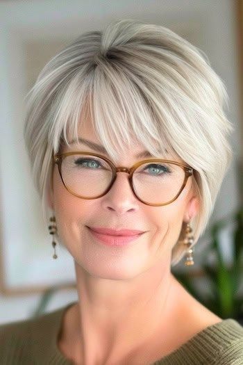 Short Hairstyles Gray Hair, Short Gray Hair With Glasses, Chin Length Hairstyles For Women Over 50, Blonde Pixie Bob Haircut, Glasses And Grey Hair, Pixie Blonde Hairstyles, Hairstyles For Short Hair With Fringe, Womens Short Hair With Bangs, Ear Length Bob Hairstyles