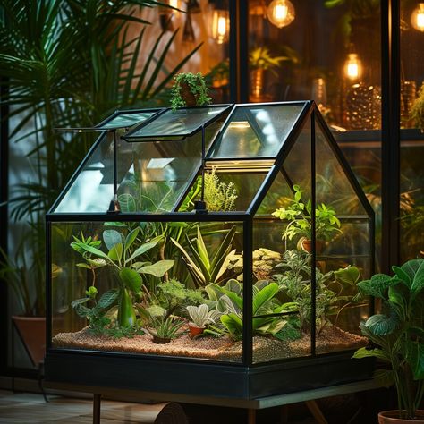 Modern Mini All Glass Greenhouse with Plants Growing Under Lights Tiny Green House Ideas, Tiny Greenhouse Indoor, Mini Greenhouse Terrarium, Greenhouse Terrarium Ideas, Miniature Greenhouse Terrarium, Small Glass Terrarium Ideas, Small Greenhouse Indoor, Indoor Plant Enclosure, Small Garden With Greenhouse