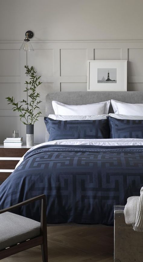 Get inspired by these navy blue bedroom ideas for your master decoration! #navyblue #navy #blue #bedroomdecoration #navybluebedrooms #bluebedrooms #navybedroomdecoration #masterdecoration #decoratingideas #bluerooms #navyrooms #navyblue #navybluedecoration Navy Blue Bedrooms, Wall Panels Bedroom, Blue Comforter, Blue Bedroom Decor, Cosy Bedroom, Dekorasi Kamar Tidur, Design Blogs, Bedroom Panel, Bedroom Color Schemes