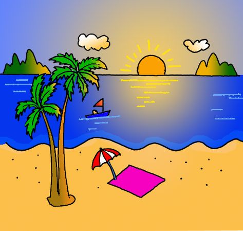 How to Draw a Beach Scene - Step by Step Easy Drawing Guides - Drawing Howtos Draw Beach Easy, Drawing Beach Easy, How To Draw A Beach Scene Step By Step, Summer Drawings Easy For Kids, Beach Easy Drawings, Drawing Beach Scenes, How To Draw A Beach Scene, Beach Drawing For Kids, Beach Drawings Easy