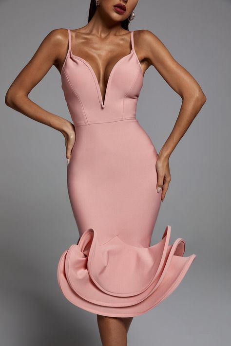 Blush Midi Dress, Pink Bandage Dress, Evening Midi Dress, White Kicks, Ruffle Midi Dress, Box Clutch, Stylish Clothes For Women, Pink Midi Dress, Bandage Dress