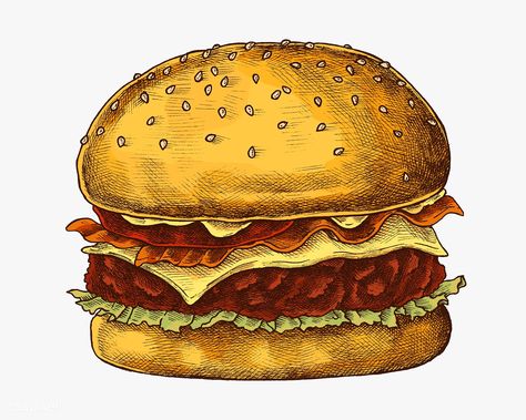 Hand drawn cheese burger illustration | premium image by rawpixel.com / sasi #Illustration #foodanddrink #foodie #mealplanning Burger Illustration, Burger Vector, Food Illust, Homemade Veggie Burgers, Food Mockup, Cheeseburger Recipe, Burger Meat, Big Burgers, Fast Food Menu