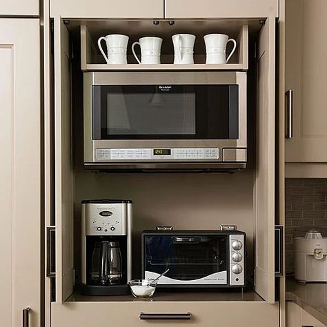 A microwave, coffeemaker, air fryer/toaster oven make a mini-kitchen in a nook. Microwaves In Kitchens Where To Put, Kitchen Microwave Cabinet, Balcony Modern, Microwave Cabinet, Oven Cabinet, Coin Café, Barn Kitchen, Minimal Kitchen, Add Storage