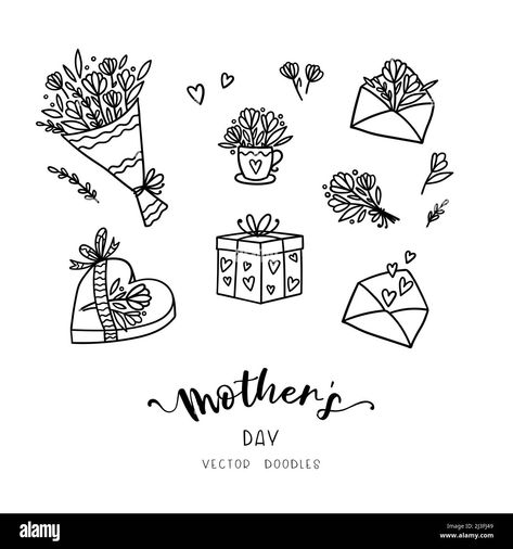 Mothers Day Doodles, Doodles Cute, Mothers Day Drawings, Drawing Room Interior Design, Gift Vector, Drawing Room Interior, Flowers And Gifts, Drawn Flowers, Small Drawings