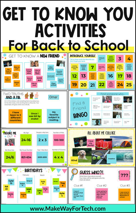 40+ ideas for your first week of school get to know you activities and ice breakers. These back to school all about me templates and games will help build your classroom community from the first day of school. Find a Friend Bingo, Figure Me Out Math Activity, 2 Truths and a Lie, All About Me Collage Template and more. You can even make a student created back to school bulletin board with these aesthetic Jamboard templates! #backtoschoolactivity #googleforteachers #gettoknowmeactivities Figure Me Out Math, Find A Friend Bingo, All About Me Collage, About Me Collage, Jamboard Templates, 2 Truths And A Lie, Plant Classroom, Work Mindset, Friend Bingo