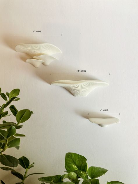 Mushroom Shelf Set  A set of three wooden shelves in the shape of mushrooms. Great for displaying books, plants, or other decorative. #Clay_Mushroom_Shelves #Mushroom_3d_Print #3d_Print_Mushroom #3d_Printed_Mushroom Wall Mushroom Decor, 3d Printed Mushroom, Plant Core Aesthetic, 3d Print Decor, Mushroom Bookshelf, Mushroom Aesthetic Room, Mushroom Interior Design, Unique Shelving Ideas, Mushroom Bathroom Decor