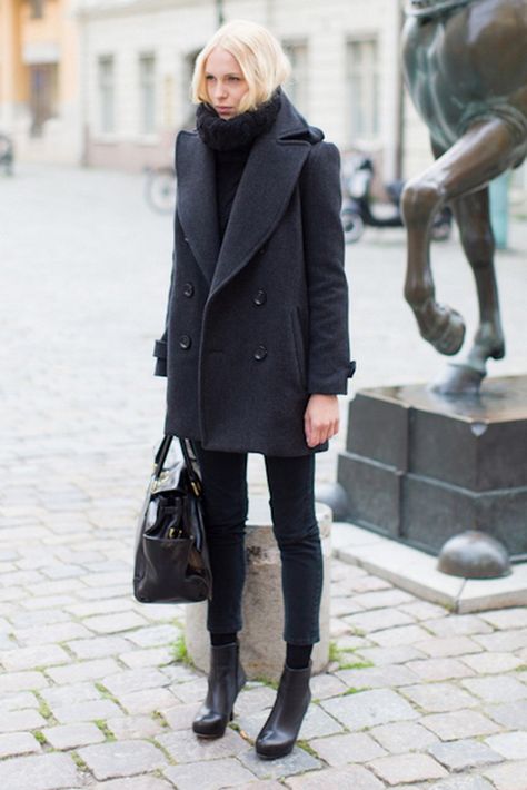 A dark grey pea coat and black skinny jeans will showcase your sartorial self. Opt for a pair of black leather ankle boots to va-va-voom your outfit. Shop this look on Lookastic: https://lookastic.com/women/looks/pea-coat-turtleneck-skinny-jeans/23572 — Black Knit Turtleneck — Charcoal Pea Coat — Black Skinny Jeans — Black Leather Tote Bag — Black Wool Tights — Black Leather Ankle Boots Black Peacoat Outfit, Peacoat Outfit, 2024 Wardrobe, Black Peacoat, White Turtleneck Sweater, Navy Coat, Boating Outfit, Coat Outfit, White Turtleneck