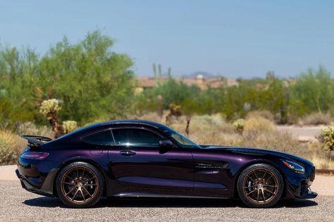 Deep Purple Mercedes-AMG GT R Pro Laden With Carbon Looks Near Perfect | Carscoops Dark Purple Car Wrap, Midnight Purple Car Wrap, Metallic Purple Car, Black And Purple Car, Car Aestethic, Purple Mercedes, Purple Car Wrap, Car Wrap Colors, Dark Purple Paint