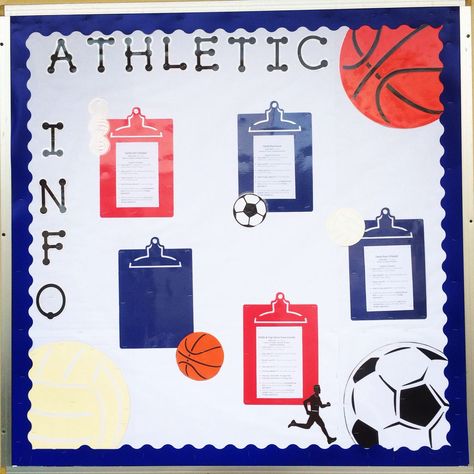 Athletics Bulletin Board, Sports Bulletin Boards Elementary, Athletic Director Office Decor, Athletic Director Organization, Pe Coach Office Ideas, Athletic Bulletin Board Ideas, Pe Bulletin Board Ideas, Athletic Director Office, Basketball Bulletin Board Ideas