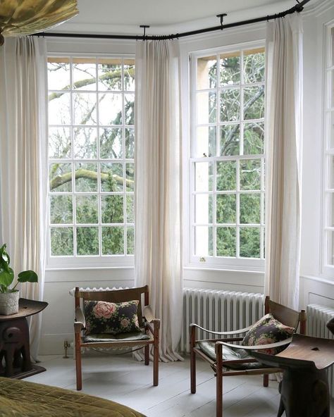 Drapes On Bay Window, Linen Curtains Bay Window, Drapes For Bay Windows, Bay Window Shutters And Curtains, Victorian Bay Window Curtains, Bay Window Styling Living Room, Style A Bay Window, Bay Window With Curtains, Large Bay Window Living Room