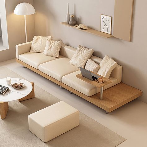 Our solid wood frame sofa comes with a 360° rotating side table for versatile functionality, ideal for using as a workspace with a laptop, for holding your phone while watching shows, and for keeping snacks and beverages within reach. The sofa cushions are movable, providing flexibility, and combined with seat cushions Sofa Japandi Style, Japandi Sofa Living Room, Misc Organization, Japandi Sofa, Modern Wood Sofa, Bed With Desk Underneath, Interior Japandi, Git Gud, Sofa Wood Frame