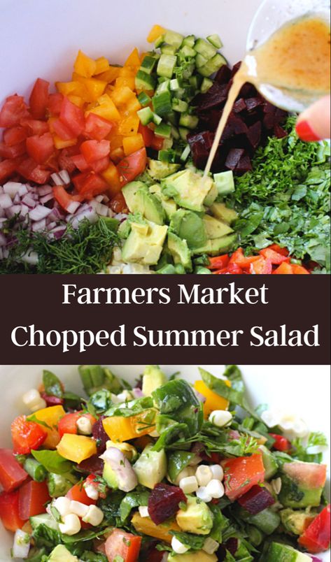 Chopped summer salad Farmers Market Salad Recipes, Farmer’s Market Recipes, Farmers Market Recipes Spring, Farmers Salad Recipe, Farmers Fridge Recipes, Summer Farmers Market Recipes, Farmers Market Dinner Ideas, Summer Chopped Salad Recipes, Farmers Market Recipes Summer