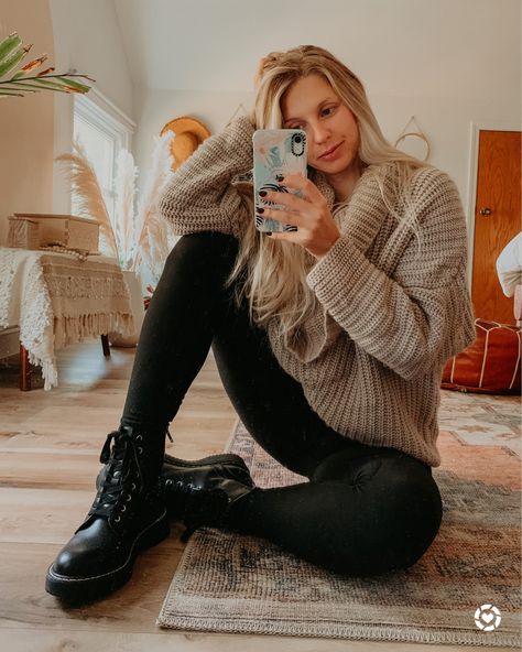 No makeup Sunday’s, it’s a thing. 🤪 Can’t go wrong with an oversized sweater, black leggings and combat boots for a stroll through Target. 🙃 http://liketk.it/2XXv3 #liketkit @liketoknow.it #LTKshoecrush #LTKunder50 #LTKunder100 #LTKFall Combat Boots And Sweater Outfit, Combat Boots And Tshirt, Black Combat Boots Winter Outfit, Guess Combat Boots Outfit, Cardigan And Combat Boots Outfit, Shiny Black Combat Boots Outfit, Combat Boots Leather Leggings, Black Boots Leggings Outfit, Outfits With Black Combat Boots Fall