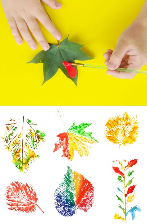 Fun & creative ways for kids to paint with leaves.  Fall leaf crafts for preschool and elementary. #leafart #leafpainting #leafprintart #leafpaintingforkids #leafpaintingdiy #leafcrafts #leafcraftsforkids #leafcraftspreschool #leafartprojectsforkids #leafprinting #fallcrafts #growingajeweledrose #activitiesforkids Høstaktiviteter For Barn, Kertas Kerja Prasekolah, Autumn Leaves Craft, Kraf Kertas, Aktiviti Kanak-kanak, Leaf Painting, Leaf Crafts, Aktivitas Montessori, Autumn Crafts