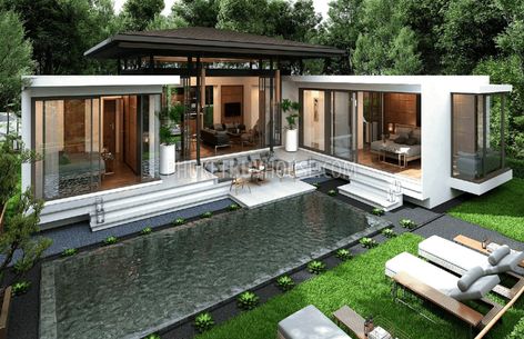 Small Villa Design House Plans, Small Villa Floor Plan, Thailand Modern House, Thailand House Design Modern, Villa 1 Floor, Mini Villa Design, Small Villa Plan, Small Villa Design, Small Tropical House