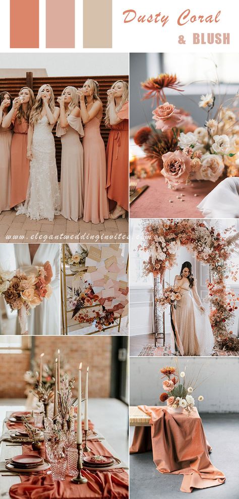 Boho Chic Spring Wedding, Weddings In April Color Schemes, Coral And Tan Wedding, Wedding Colours Spring, Wedding Ideas Spring Colors, Dusty Peach Wedding, Colors For Weddings Summer, Desert Coral Wedding Color Scheme, Wedding Colour Inspiration