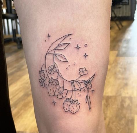 Small Tattoos Cottagecore, Small Cottagecore Tattoo Ideas, Dainty Cottagecore Tattoo, Tattoo Ideas Cottagecore, Small Cottage Core Tattoos, Strawberry Moon Tattoo, Cute Linework Tattoo, Thigh And Hip Tattoo, Cottagecore Tattoo Ideas