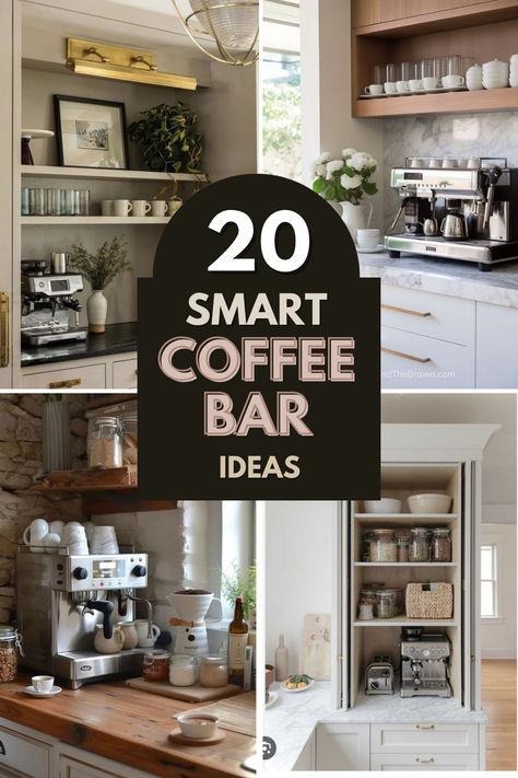 In this post I want to show you 20 smart coffee bar ideas you can be inspired by for your own home and create a convenient and pretty corner dedicated for hot drinks! Kitchen Alcove Coffee Bar, Bar In The Kitchen Ideas, Coffee Bar In Cabinet Kitchens, Coffee Bar End Of Counter, Build In Coffee Station, Coffee Nook Kitchen Counter, Coffee Bar Kitchen Island, Coffee Bar Desk Ideas, Barista Station At Home