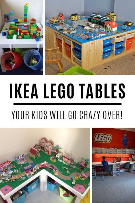 Oh my goodness how GENIUS are these IKEA lego table hack ideas! Lego Storage Play Area, Lego Display Table Ideas, Lego Trofast Table, Lego Table And Storage Ideas, Lego Workspace Ideas, Lego Basement Ideas, Lego Area Ideas, Lego Table Setup, Lego Toy Room