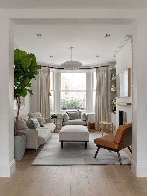 Rebecca Wakefield, Bay Window Living Room, London Living Room, Snug Room, Textured Fabrics, Victorian Living Room, Narrow Living Room, London Living, Open Plan Living Room