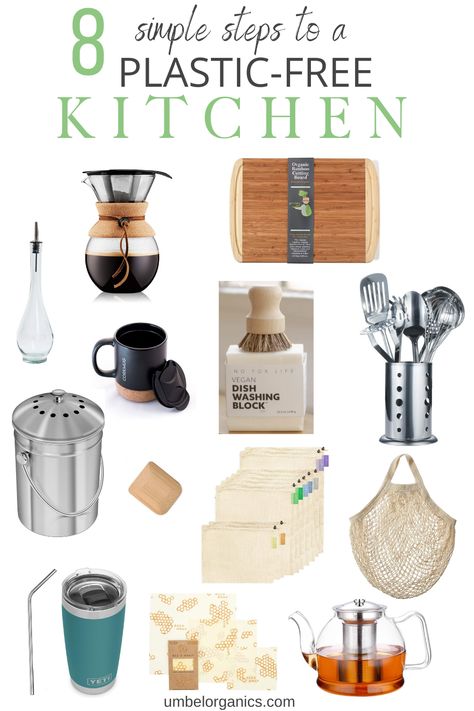 From food packaging to kitchen accessories, using plastic has become part of our kitchen and food prep routine. With these 8 simple swaps and tips, you’ll be on your way to using less plastic in your kitchen today | umbelorganics.com #naturalhome #plasticfree #naturalkitchen Non Plastic Kitchen, No Waste Kitchen, No Plastic Kitchen, Sustainable Kitchen Products, Plastic Free Home, Zero Waste Organization, Plastic Free Kitchen, Toxic Free Living, Waste Free Living