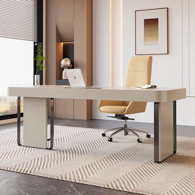 Indulge in the luxury of our cream-toned desk, a masterpiece of sleek lines and unique styling. Carbon steel and board construction ensure stability, while the glazed finish adds a touch of elegance. Functional yet stylish, it's perfect for any home or office. Recon Furniture Size: 29.53" H x 55.12" W x 25.59" D | Recon Furniture Rectangle Writing Desk 29.53 H x 55.12 W x 25.59 D in brown / whiteWood in Beige | 29.53" H x 55.12" W x 25.59" D | Wayfair Sleek Office Desk, Office Table Design Modern, Office Table Design, Wood Writing Desk, Modern Office Desk, Elegant Office, White Desks, Office Furniture Desk, Home Desk