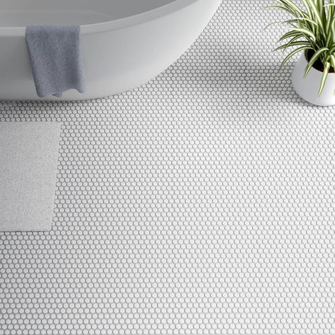 EliteTile Hudson Penny Round 1" x 1" Porcelain Mosaic Wall & Floor Tile & Reviews | Wayfair Penny Tiles Bathroom, Refreshing Aesthetic, Penny Round Mosaic, Penny Round Tiles, Round Mosaic, Penny Tile, Bathroom Inspiration Modern, Round Tiles, Penny Round