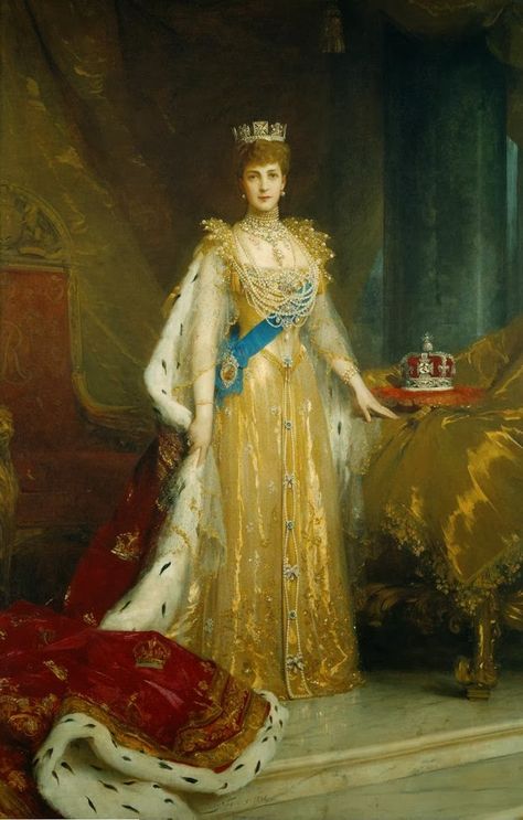 Queen Alexandra in her coronation gown and robes, by Sir Luke Fildes, 1905.  (The artist has added the Garter riband and badge, which the queen did not wear during the coronation.) Prins Albert, Coronation Robes, Era Victoria, Alexandra Of Denmark, Coronation Dress, Edward Viii, Palace London, Queen Alexandra, King Edward Vii