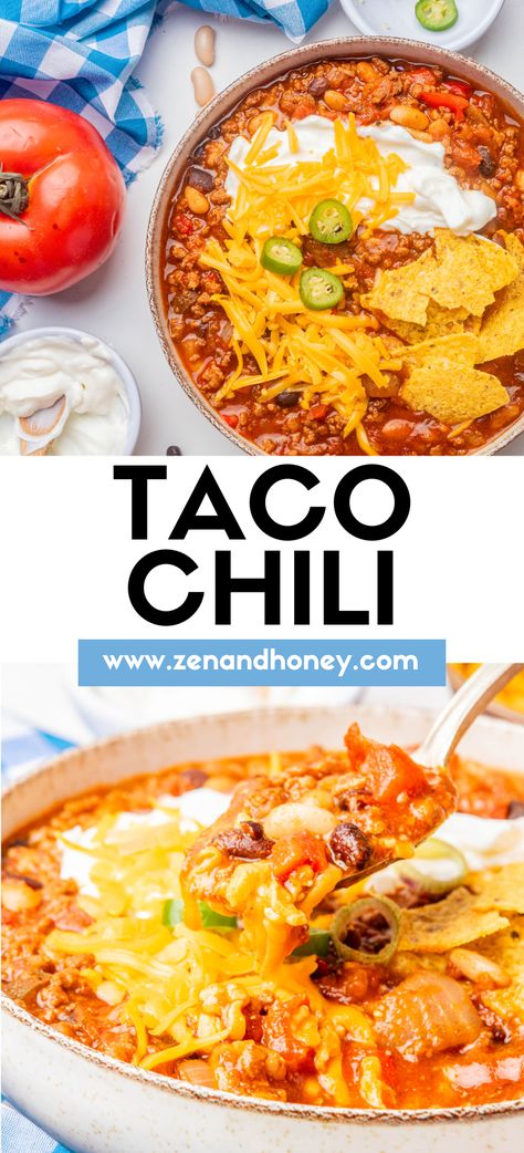 There’s something about hearty chili recipe that just makes everything better. This taco chili is filling, spicy, and hearty, and it always seems to hit the spot. Homemade chili recipe for weeknight dinner. Easy chili with taco toppings! Summer Chilli Recipe, Turkey Taco Chili, Mexican Chili Recipe, Weeknight Dinner Easy, Taco Chili Recipe, Chili Tacos, Hearty Chili Recipe, Classic Chili Recipe, Indian Tacos