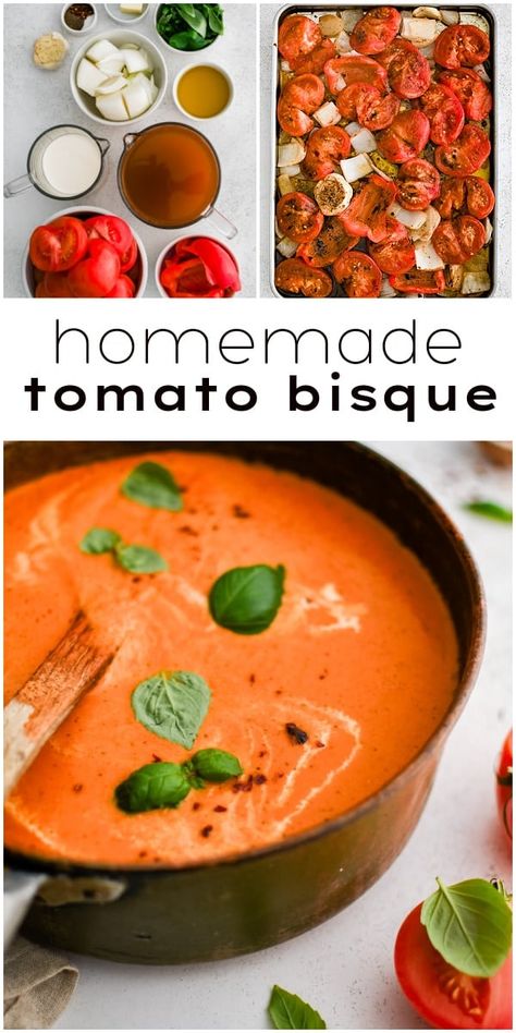 This silky-smooth Tomato Bisque Recipe is irresistibly rich, creamy, indulgent, and easy to make! Packed with rich tomato flavor, it's the ultimate comfort food and a million times better than canned tomato soup! Creamy Tuscan Tomato Soup, Roasting Tomatoes For Soup, Tomato Soup Immersion Blender, Ham And Tomato Soup, What To Make With Tomato Soup, Big Tomato Recipes, Soft Tomatoes What To Do With, Tomatoe Soup Homemade Fresh, How To Make Homemade Tomato Soup