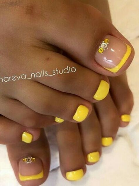 Yellow French ToeNails Pedicure Ideas Yellow Toenails, French Pedicure With Color, Yellow Toenails Polish, Yellow French Tip Pedicure, Yellow Pedicure Toenails Art Designs, Yellow French Pedicure, French Toenail Designs, Yellow French Tip Toes, Teal Toenails