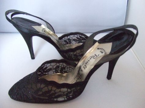 Russell & Bromley black lace evening shoes. Black Heels Vintage, Black Vintage Heels, Black Prom Shoes, Vintage Black Heels, 2000s Shoes, Funky Shoes, Vintage Heels, Fancy Shoes, Cute Heels