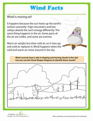 Wind has its own unique properties that help shape the weather. Give your little scientist a heads up with these wind facts! He'll get to color the picture as he learns. Follow the link to check out the different types of clouds!#educationdotcom 1st Grade Science Worksheets, First Grade Weather, What Is Wind, Seasons Worksheets, Weather Crafts, Middle School Science Experiments, Weather Science, Earth Space, Weather Theme