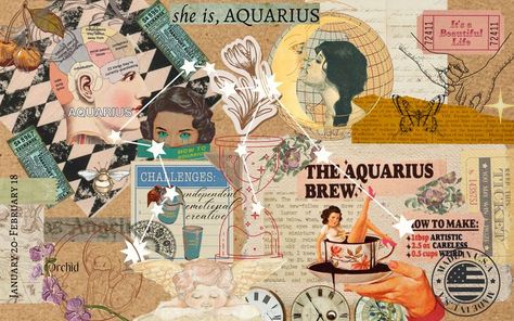 Aquarius and vintage themed wallpaper/screen saver for MacBooks. brown and earthy tones throughout. scrapbook/collage layout. Aquarius Aesthetic Wallpaper Laptop, Aquarius Wallpaper, Wallpaper For Macbook, Organizer Aesthetic, Pink Wallpaper Laptop, Aquarius Aesthetic, Laptop Background, Laptop Backgrounds, Wallpaper Laptop